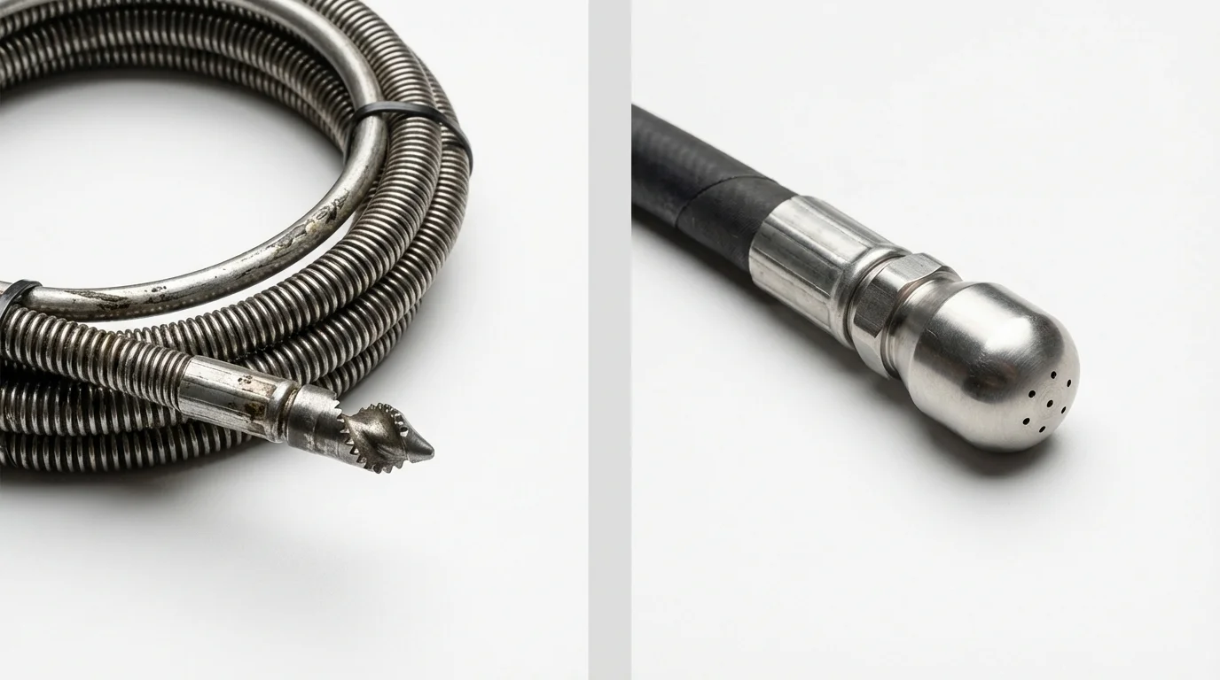 Drain snake cable and hydro jetting nozzle used for drain cleaning in Dayton, VA
