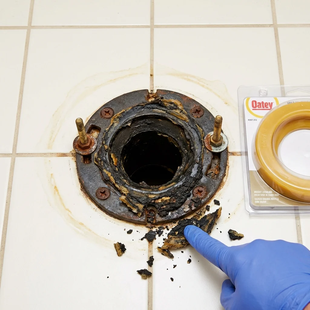 Failed wax ring showing water seepage at the base of a toilet in a Dayton, VA home