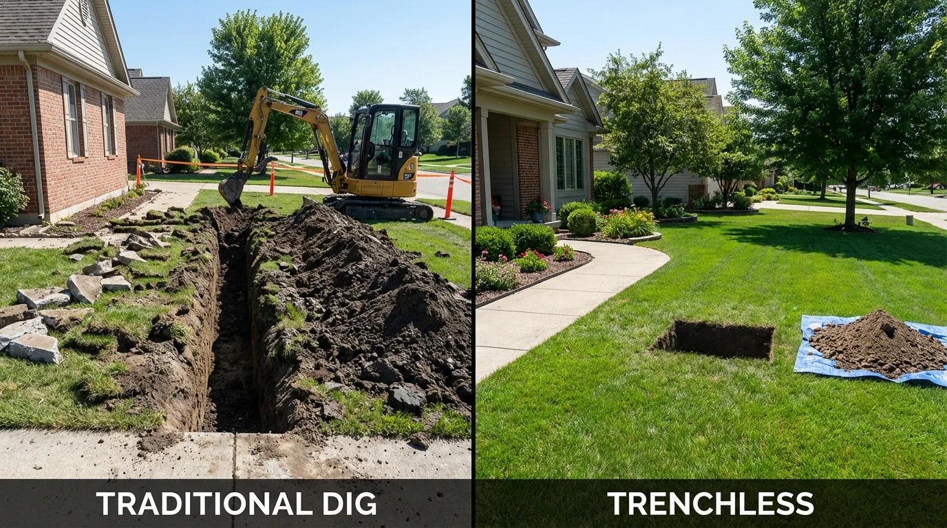 Trenchless sewer repair with minimal yard damage versus traditional excavation in Dayton, VA