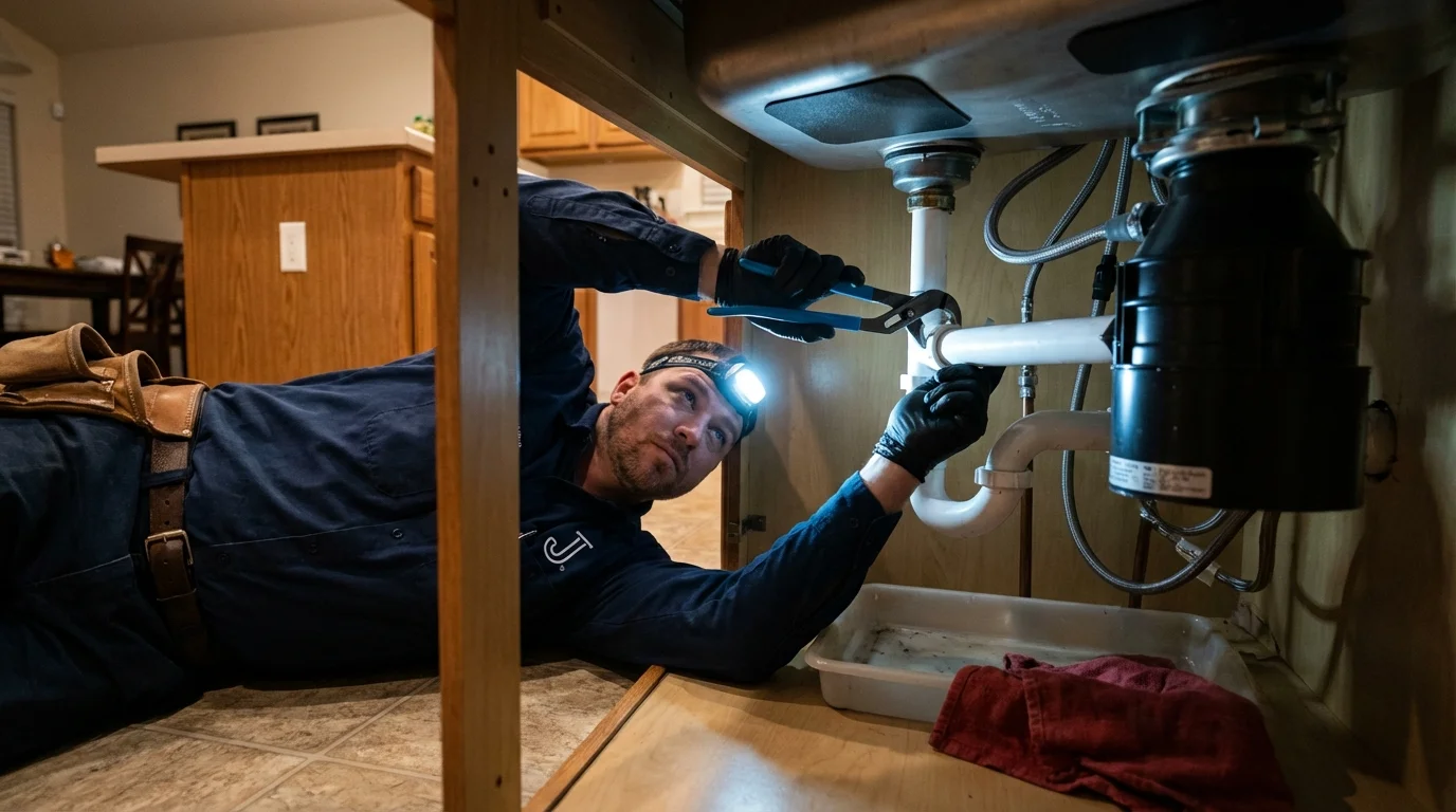 P-trap and supply line connections under a kitchen sink showing a common leak point in Dayton, VA